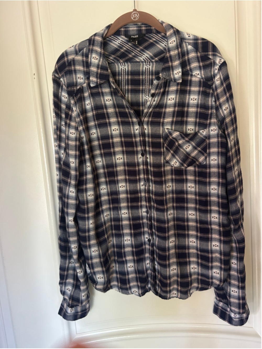 Women's PAIGE Plaid Button Down Shirt Size L Blue White - Picture 2 of 6